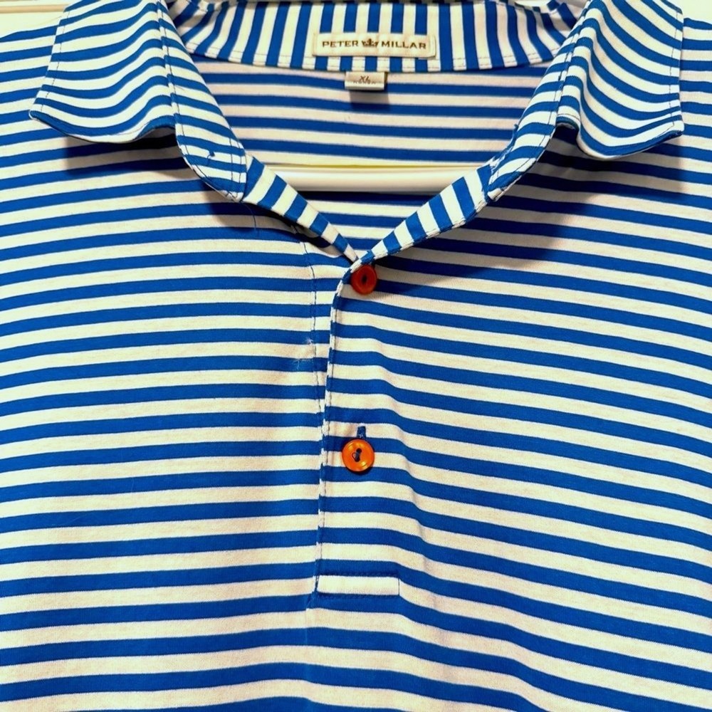 Peter Millar Polo Shirt Blue White Striped Old Overton Logo Cotton Mens XL - Picture 2 of 6